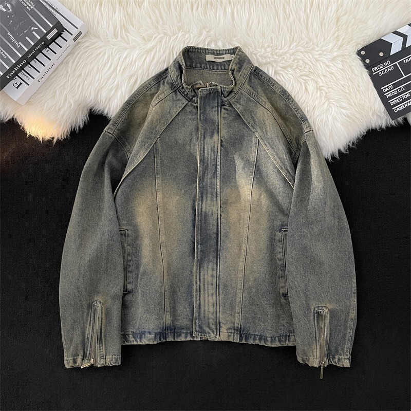 Cross-Border Niche Deconstructed Denim Jacket Men's American Design Loose Casual Handsome Zipper Motorcycle Jacket Cross-Border Niche Deconstructed Denim Jacket Men's American Design Loose Casual Handsome Zipper Motorcycle Jacket