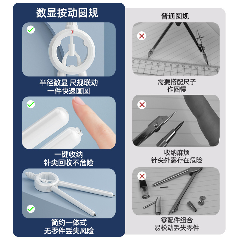 デジタル表示はコンパスの黒の科学技術の高い顔の値の中学生の試験用の絵図の定規のセットのコンパスの小学生を押します。|undefined