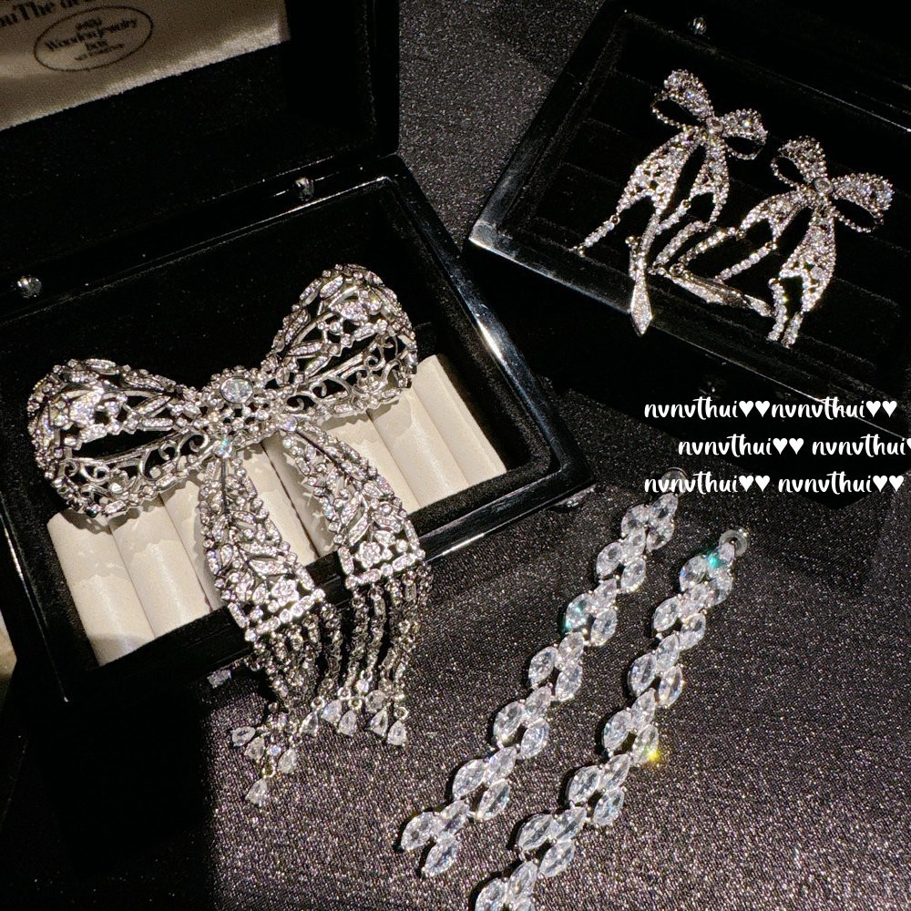 Italian Vintage Bow Wheat Gem Brooch Vintage Christmas Bow Zircon Earrings suit