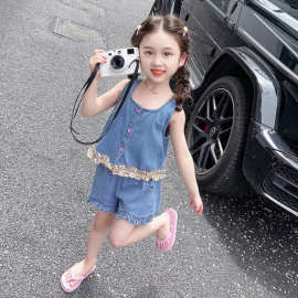 2026女童夏装无袖背心套装新款洋气可爱碎花边吊带牛仔短裤两件套