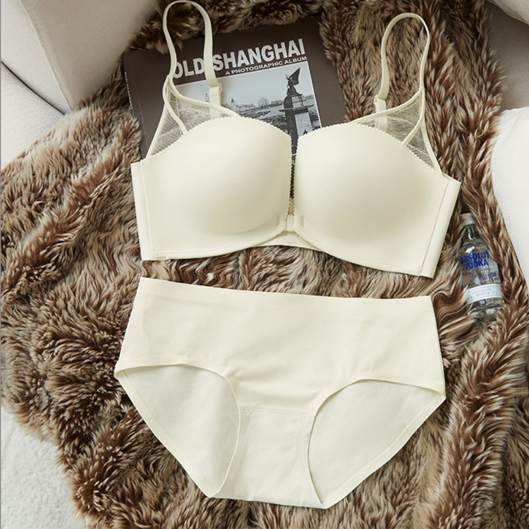 Sexy semi-transparente malla brillante frente hebilla ropa interior cómoda de las mujeres inalámbrico pequeño pecho empuja hacia arriba la belleza hacia atrás sujetador traje 2212