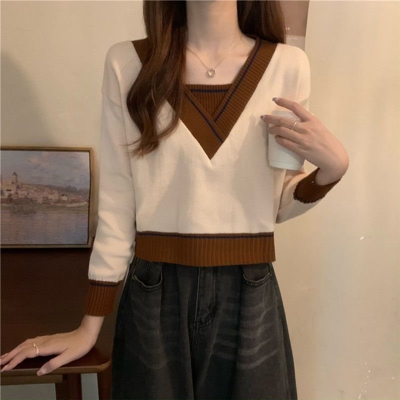 Women's faux two-piece short knit sweater, 2025 spring and autumn new long-sleeve top, versatile and stylish V-neck base layer
