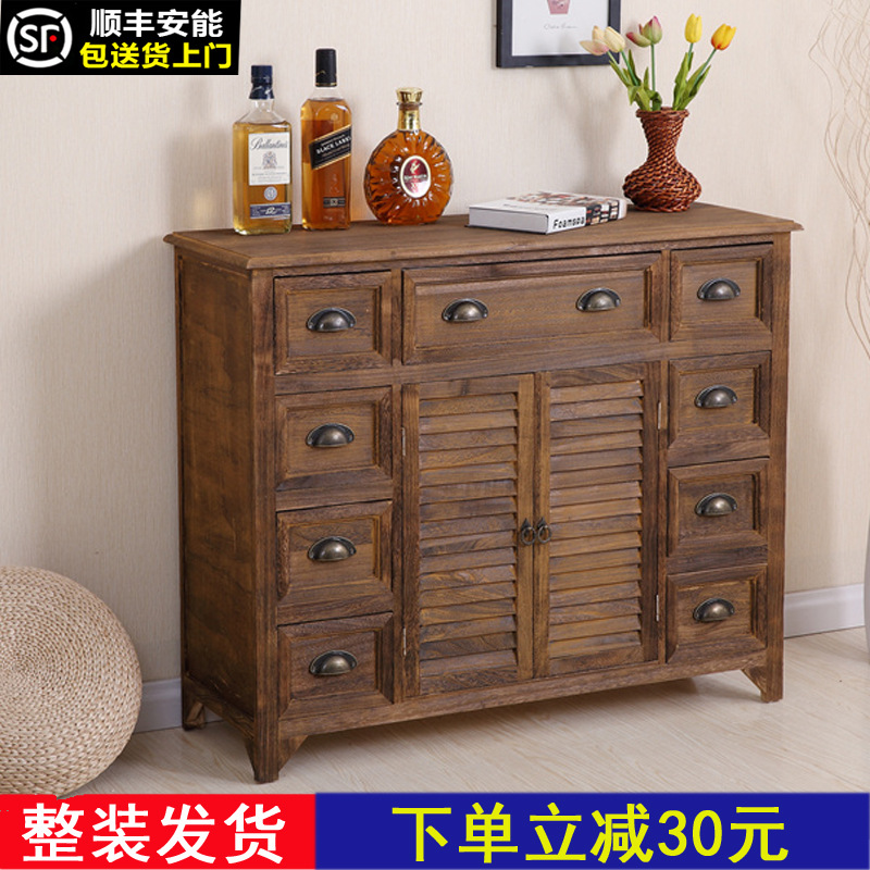PK7J American solid wood chest with drawers, retro style, simple modern storage cabinet, home use, multifunctional shoe cabinet