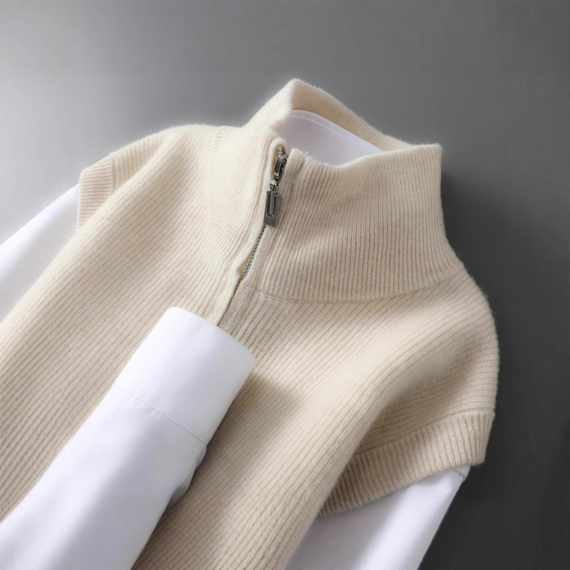 Autumn and Winter 100% Wool Sweater Half Turtleneck Zipper Layered Men's Sleeveless Zipper Simple Waistcoat Thickeneded Thermal Vest