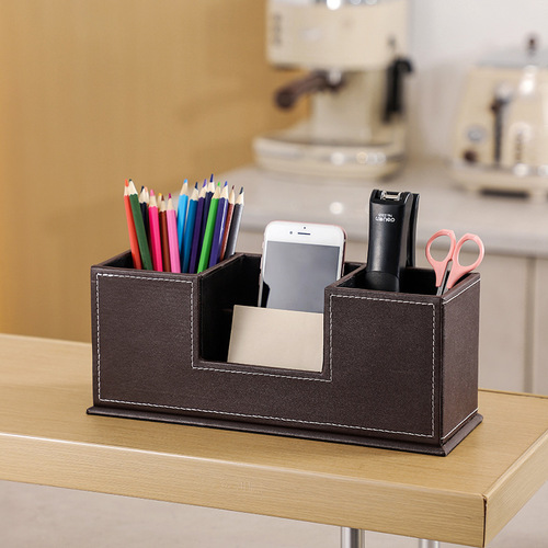 Factory wholesale pen holder simple leather double pen holder multifunctional desktop storage box office supplies stationery storage box