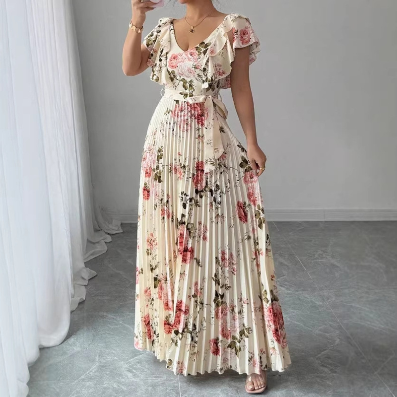 European and American Hot-Selling Summer Women's Clothing with Digital Printing, Pleated Holiday Style, Ruffled Waist, Elegant and Romantic Women's Dress