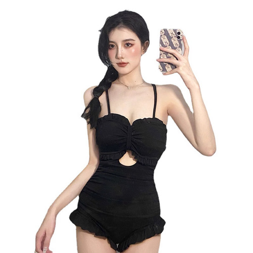 Women's one-piece swimsuit hot summer high-end sexy pure desire suspender flat corners to cover flesh to make it look slim and long-sleeved shirt sun protection