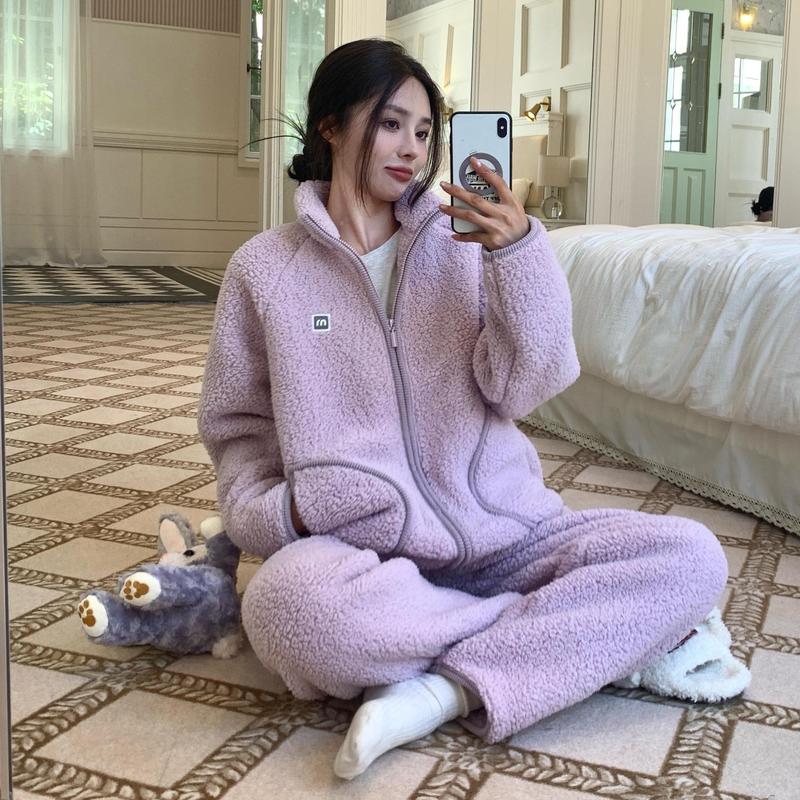 CaCa情侣睡衣羊羔绒冬季立领拉链男休闲外穿运动加厚家居服女套装|undefined