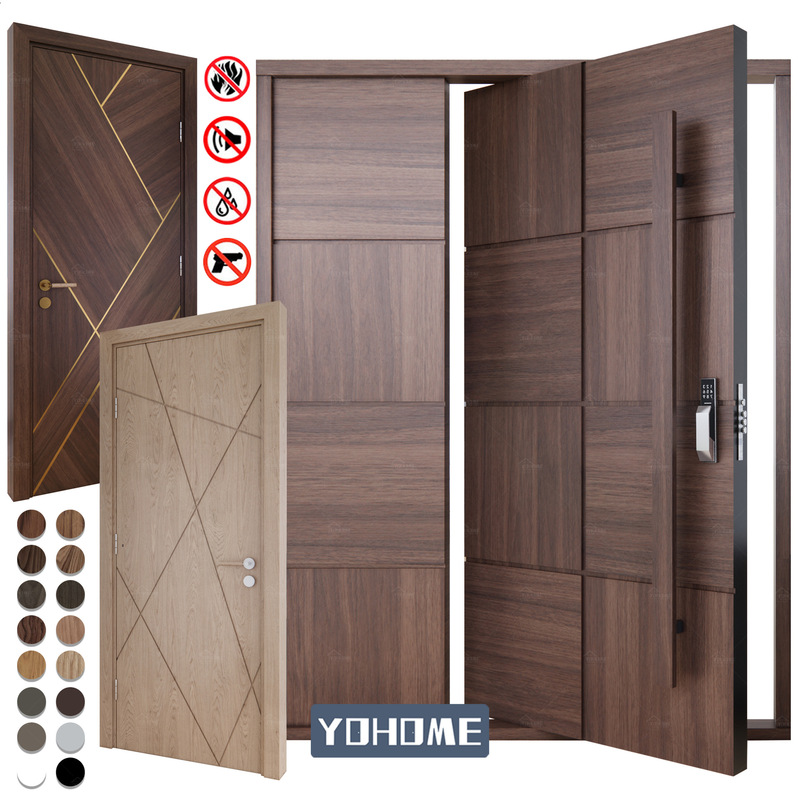 Solid Wood Composite Entry Door for Foreign Trade Export to North America and Europe, Villa Main Door with Floor Spring and Offset Pivot
