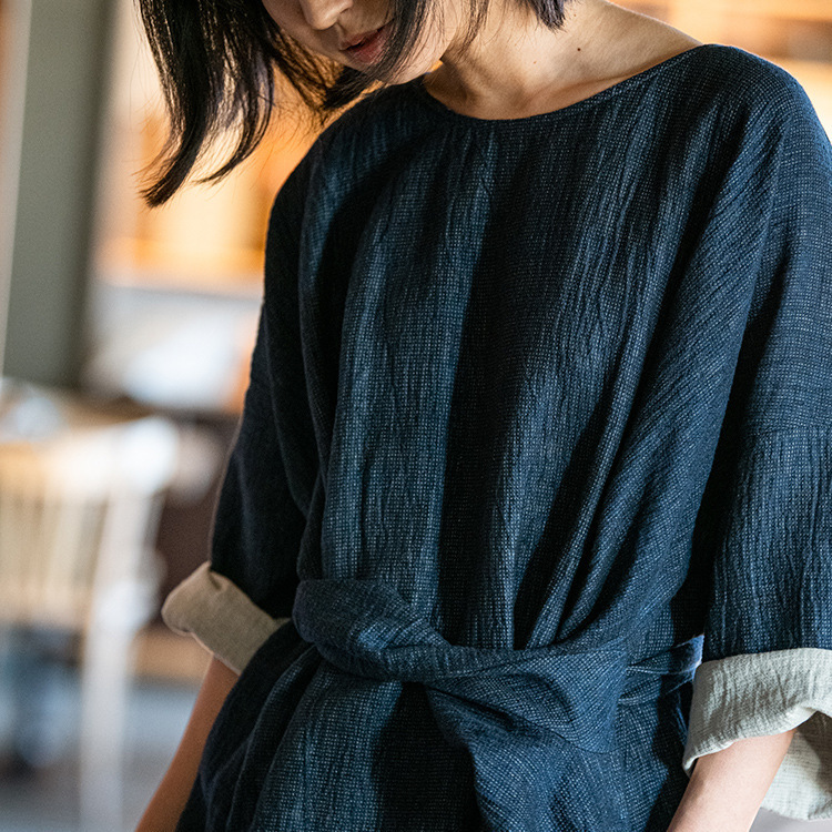 2025 New Autum Two-Color Yarn-Dyed Cotton and Linen Loose Robe Casual Dress Long Round Neck Women's Long Skirt