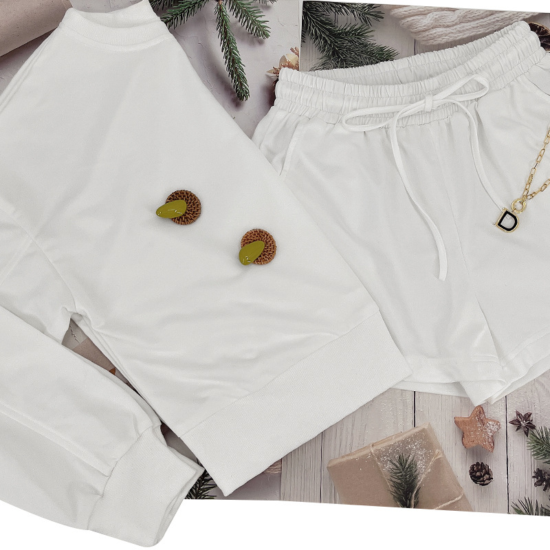 Solid Color Long Sleeve Sweaters Women Clothing Short Two-Piece Casual Shorts Suit