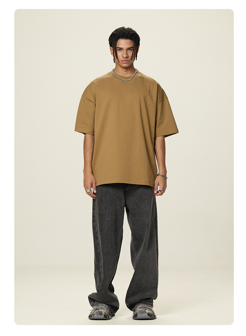 boy RS Fashion|New Cross-Border 350G Heavyweight Pure Cotton Short Sleeve FOG Earth Tone Drop Shoulder Men's T-Shirt_voghion.com