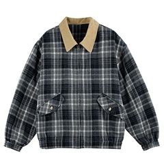 日系复古灯芯绒领拼接格纹工装外套男女宽松老钱风休闲猎装夹克潮