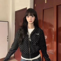 美式辣妹风波点满印连帽短款卫衣女秋季2025新款休闲百搭开衫外套
