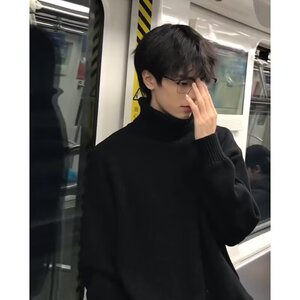 男款秋冬高级感内搭打底衫加绒痞帅慵懒风针织衫黑色可翻高领毛衣图片
