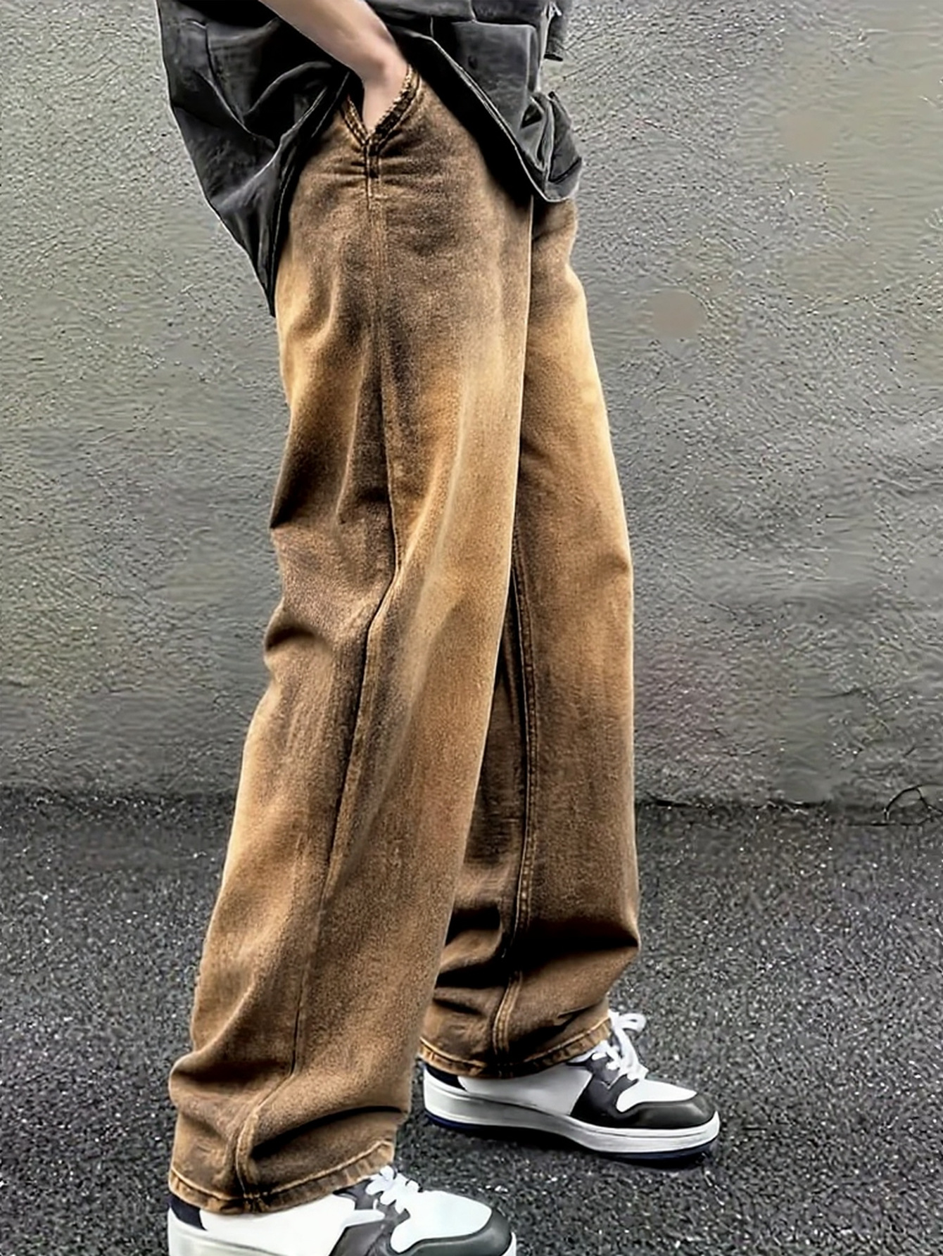 Pantaloni casual da uomo in stile coreano, a gamba dritta e ampia, in poliestere di peso medio, alla moda e adatti a tutte le stagioni._voghion.com