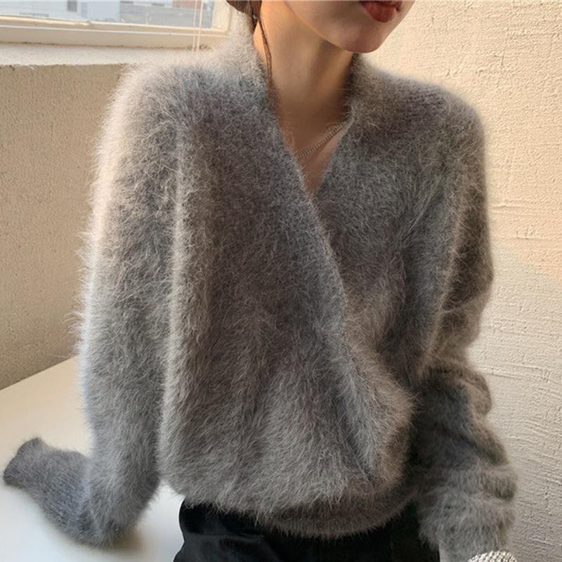 (2개) 스웨터 여성의 가을과 겨울 2024 새로운 한국 세련된 젠틀 스타일 V-넥 밍크 모피 웨스턴 스타일 모피 니트웨어 여성용