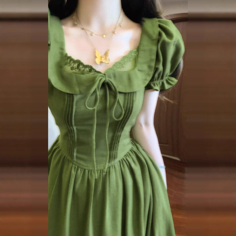 French Retro Green Dress for Women Summer 2025 New Style This Year's Popular Petite Elegant Pinch Waist Long Skirt