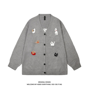 American Retro Cat Jacquard Knitted Cardigan Sweater Men's and Women's Autumn and Winter Loose Lazy Style Casual Couple Coat
