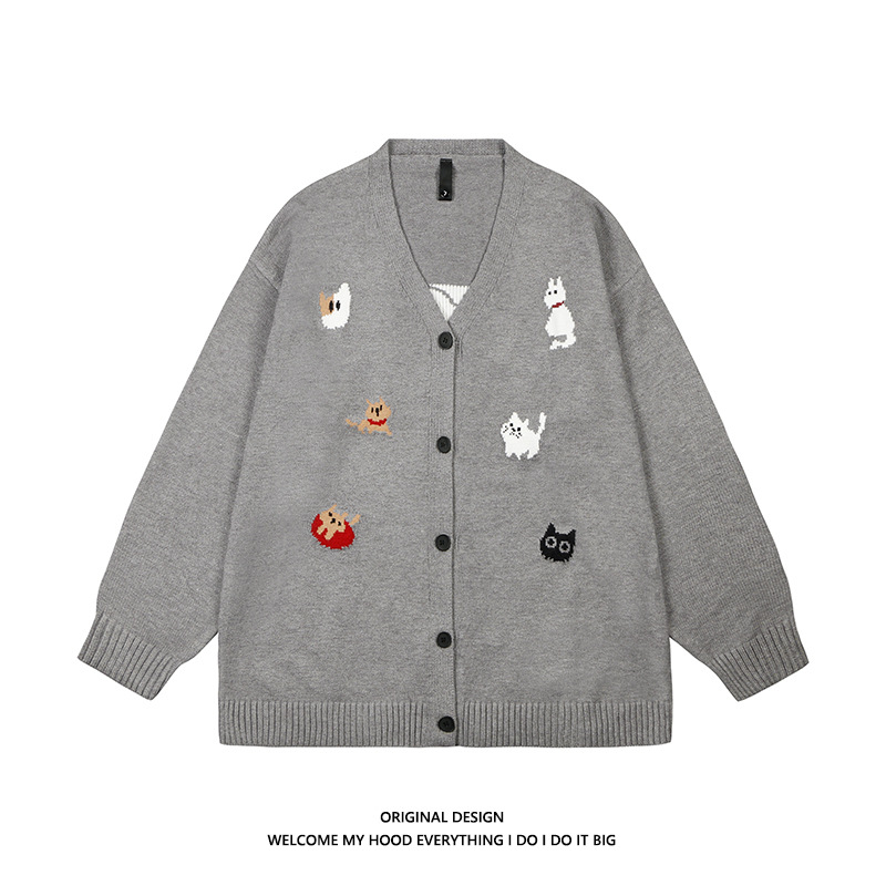 美式复古猫咪提花针织开衫毛衣男女秋冬宽松慵懒风休闲情侣装外套