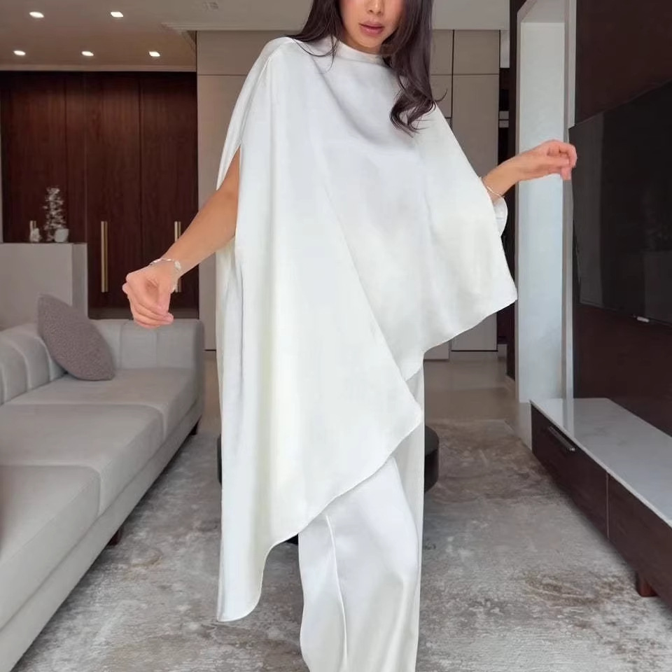 Women's Clothing Women's Fashion Satin Set With Designer Shawl Top And Wide Leg Pants Irregular Two Piece Ensemble_ecoleips.com