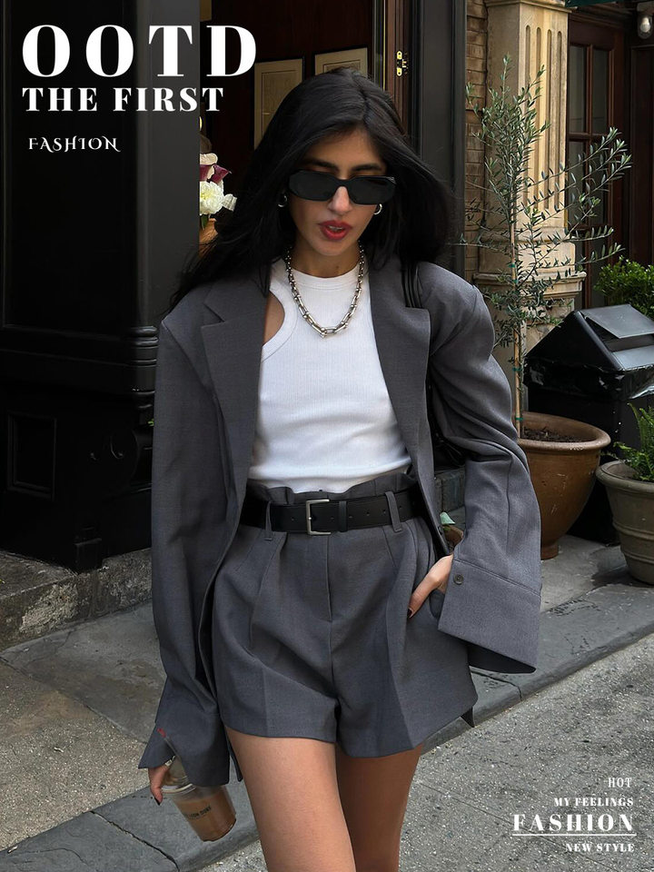 Bộ vest nữ áo khoác dài tay kèm quần short, form rộng thanh lịch công sở — màu xám chi tiết 1