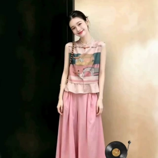 独特漂亮新中式印花上衣阔腿裤两件套女2026夏流行漂亮一整套穿搭