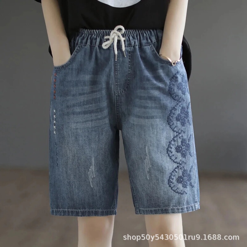 Elastic Waist Denim Shorts for Women - Summer Thin Style, New Plus Size Loose Fit, Slimming Wide Leg Shorts Elastic Waist Denim Shorts for Women - Summer Thin Style, New Plus Size Loose Fit, Slimming Wide Leg Shorts