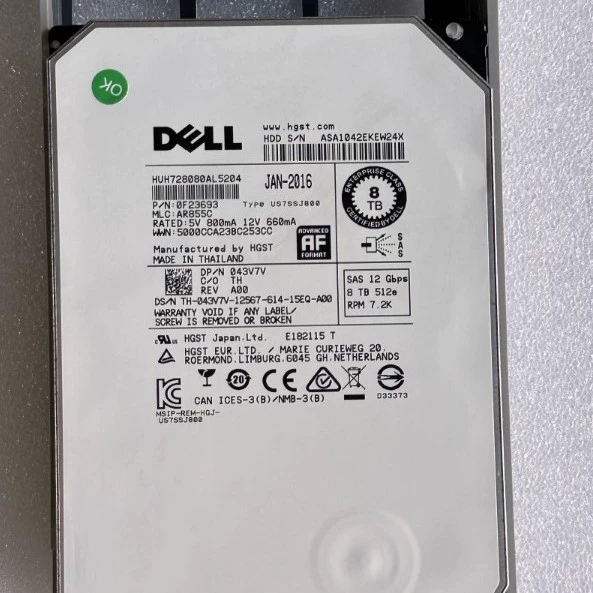 8T 043V7V HUH728080AL5204 3.5 дюйма 7.2K 12G SAS 512e