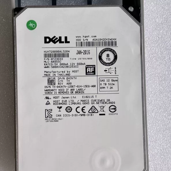 8T 043V7V HUH728080AL5204 3.5 дюйма 7.2K 12G SAS 512e