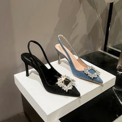 2024夏季新款涼鞋細跟尖頭包頭後空水鑽方扣牛仔料韓版時尚高跟鞋
