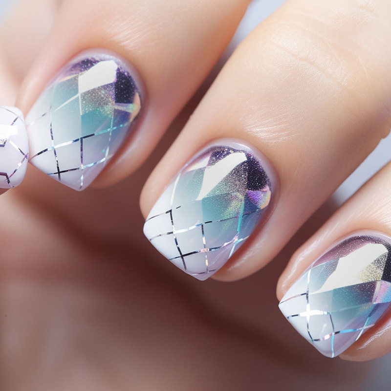 Purple Blue Halo Dyed Plaid False Nails Square Shape Press Ons_voghion.com
