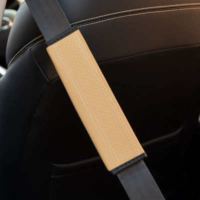 Leather Embossed Seat Belt Protective – Seat belt shoulder pad - beige-leather-embossed-square-65x23