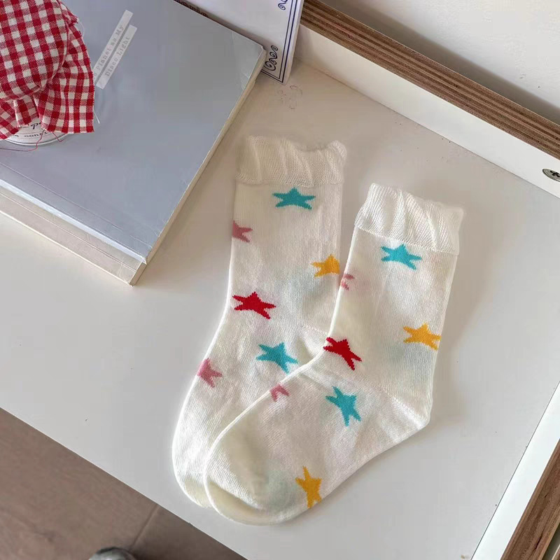 Colorful Star Versatile Socks for Girls, Mid-Tube Socks, Summer Thin Cute Dopamine Mesh Ins Trendy Long Socks