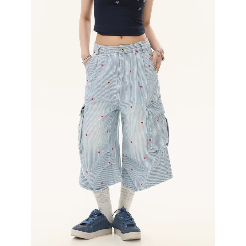 Heart Striped Cropped Pants for Women, Street Style Pleated Multi-Pocket Loose Cargo Denim Shorts