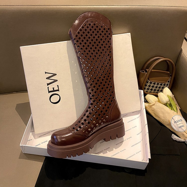 Boot nữ da bò đế dày cổ cao ống lưới — Màu nâu ống lớn, Màu đen cổ ống lớn, Ống nhỏ màu đen, Chu vi ống lớn màu trắng Be chi tiết 9