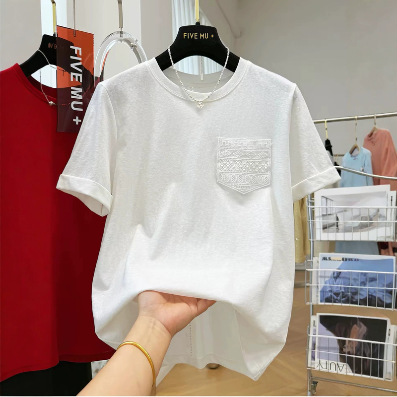 Korean-Style Lace Pocket Short-Sleeve T-Shirt for Women, Spring/Summer, Very Stylish, Can Be Worn as a Base Layer or Outerwear, with a High-End Feel Korean-Style Lace Pocket Short-Sleeve T-Shirt for Women, Spring/Summer, Very Stylish, Can Be Worn as a Base Layer or Outerwear, with a High-End Feel