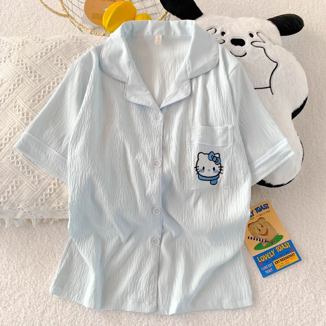Pijama de algodón bordado de dibujos animados nubes sueltas pareja ropa para el hogar verano nuevos pantalones cortos de mangas cortas dos piezas