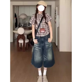 美式复古宽松廓形水洗做旧七分牛仔短裤女夏季高街设计感阔腿中裤