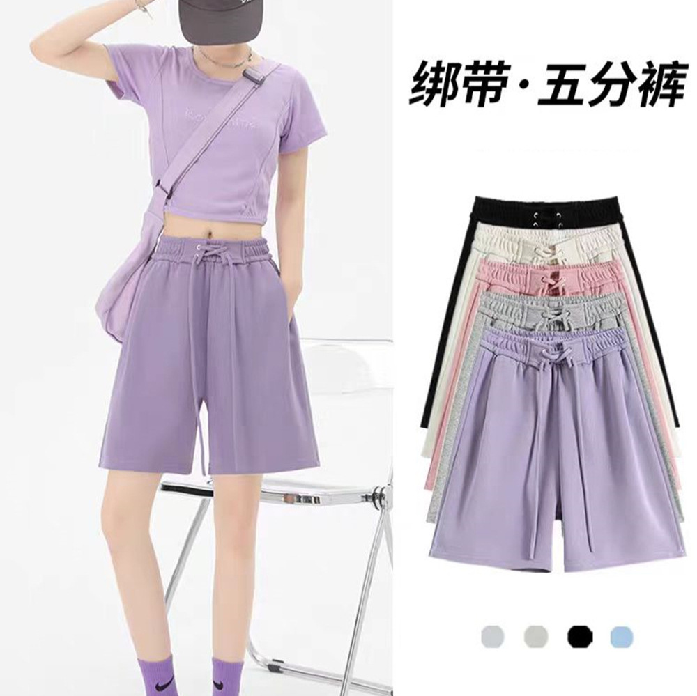 아메리칸 스타일 레트로 와이드 레그 파이브 포인트 바지 여자 여름 루즈 올 매치 스트레이트 바지 높은 허리 스트랩 드로우 스트링 스포츠 반바지