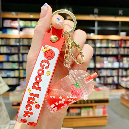 Creative fruit strawberry pineapple milk tea cup key chain floating quicksand into oil pendant car key chain bag pendant