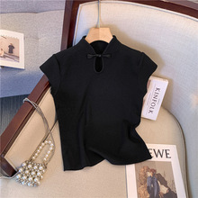 黑色新中式盘扣立领短袖针织衫女夏季修身显瘦高级感国风短款上衣