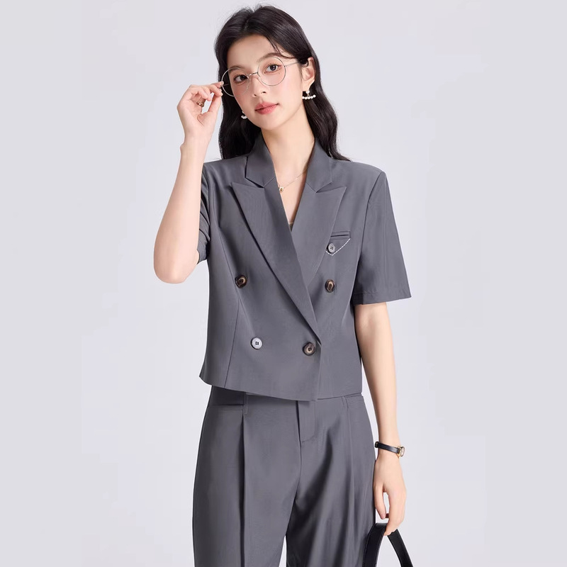 Gray women's short blazer for college students' teacher interview formal attire, elegant petite suit with skirt Gray women's short blazer for college students' teacher interview formal attire, elegant petite suit with skirt