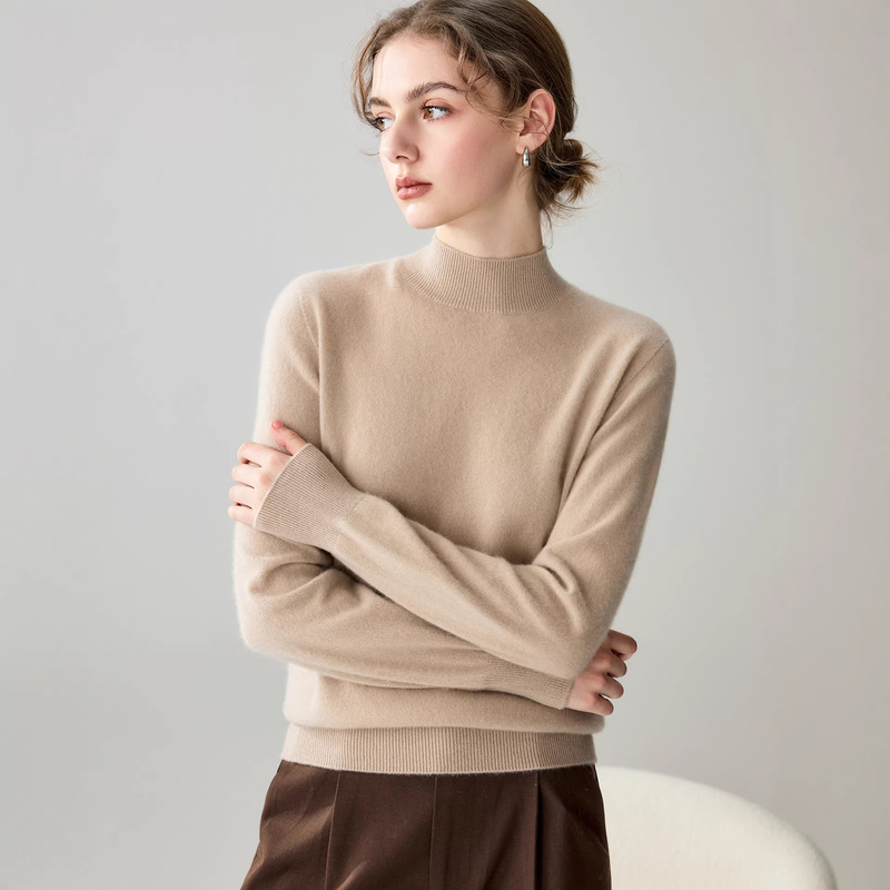 100% Pure Cashmere Sweater for Women, Solid Color, Simple Half-High Collar, 2025 Autumn and Winter New Style, Loose Cashmere Pullover, Soft and Smooth