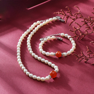 Tianran Freshwater Pearl Necklace Bracelet suit Mom 6-7mm Rice Grain Short Necklace Chain Clavicle Chain Onyx