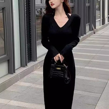 欧洲站配大衣黑色心机修身显瘦打底针织连衣裙收腰长裙女春秋长袖