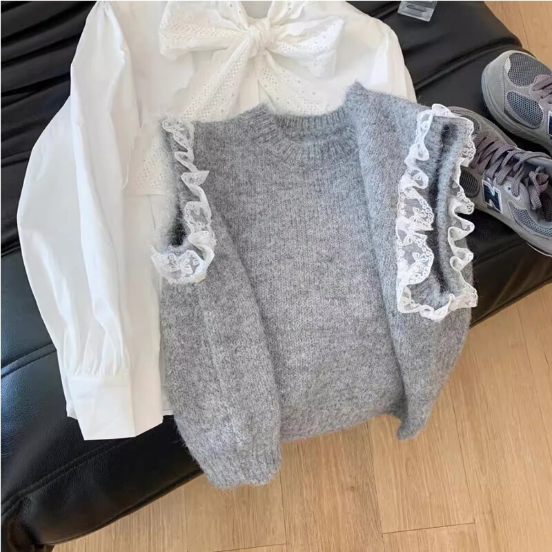 Spring and Autumn Vintage Lace Stitching Sleeveless Knitted Vest Women's Korean Style Loose Western Style Waistle Sweater Top
