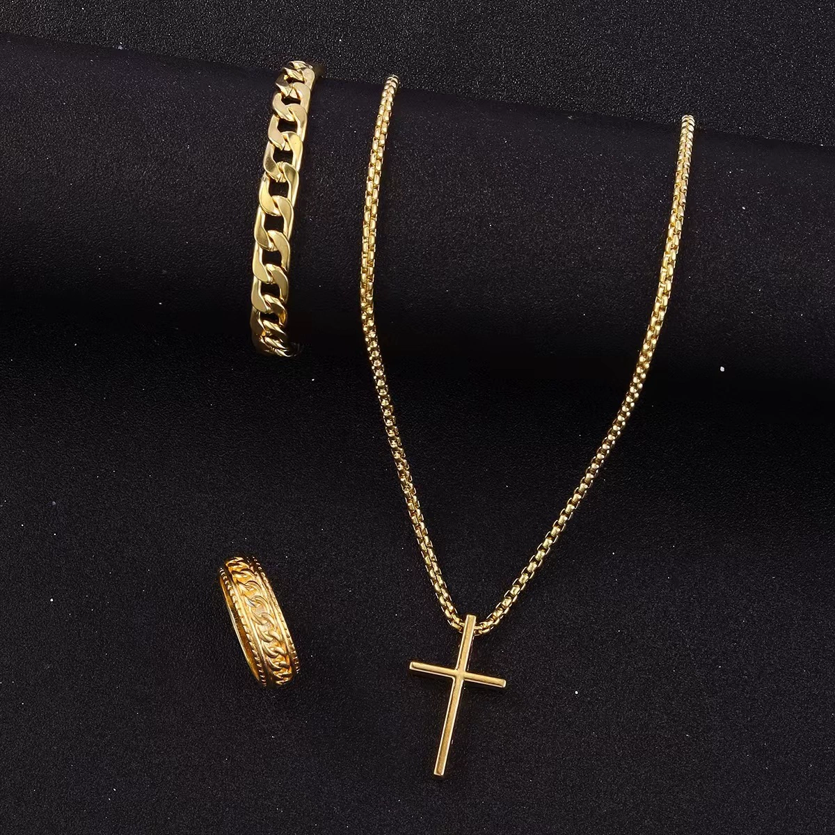 Комплект ювелирных изделий Cross, унисекс, ожерелье из титаново-стального сплава 60 см, браслет 22 см, кольцо Ø 2 см