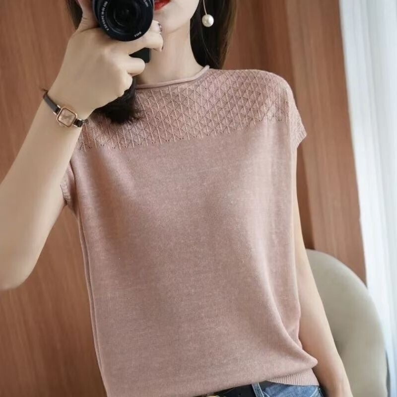 [Brand Selection] Women's Ice Silk Knitted Short Sleeve T-Shirt, Hollow Out Thin Knit Top for Summer