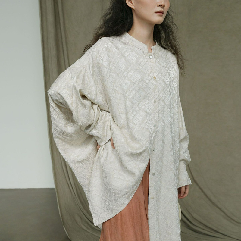 Original 25 Early Spring New Chinese-Style Simple Jacquard Shirt, Retro Stand Collar Loose Batwing Sleeve Long Top S25034